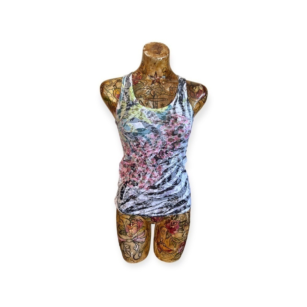 Robin K tank top pink blue sleeveless sheer small